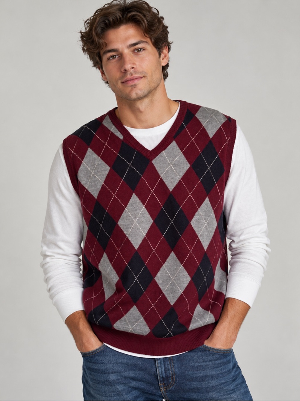 Men’s 100% Wool Argyle Sweater Vest XL Burgundy Preppy Academia Grandpa Core